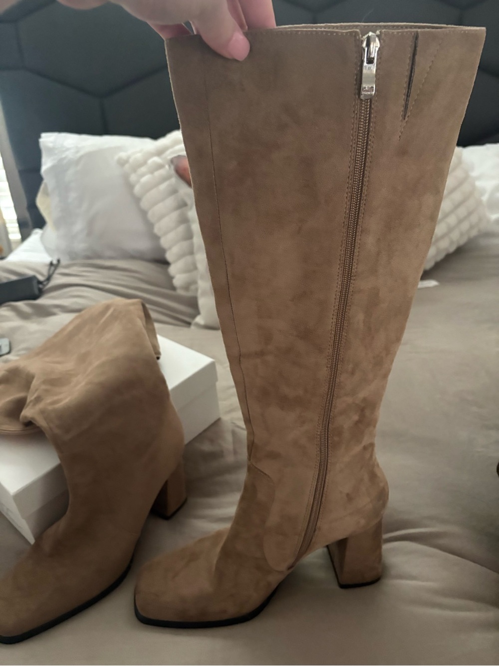 Amazon Suede Knee-High Block Heel Boots in Tan